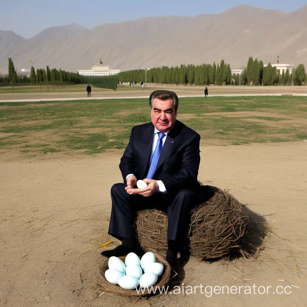 Президент Таджикистана Рахмонов сидит на птичьем гнезде в руках яйцо
