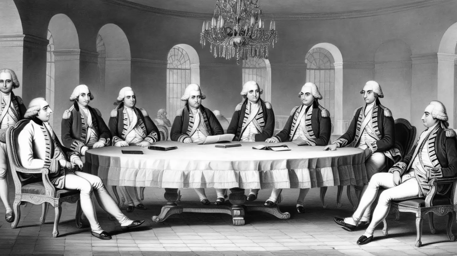 A group of thirty british official members of  is sitting on a round table at bengal presidency 1781 fort william calcutta