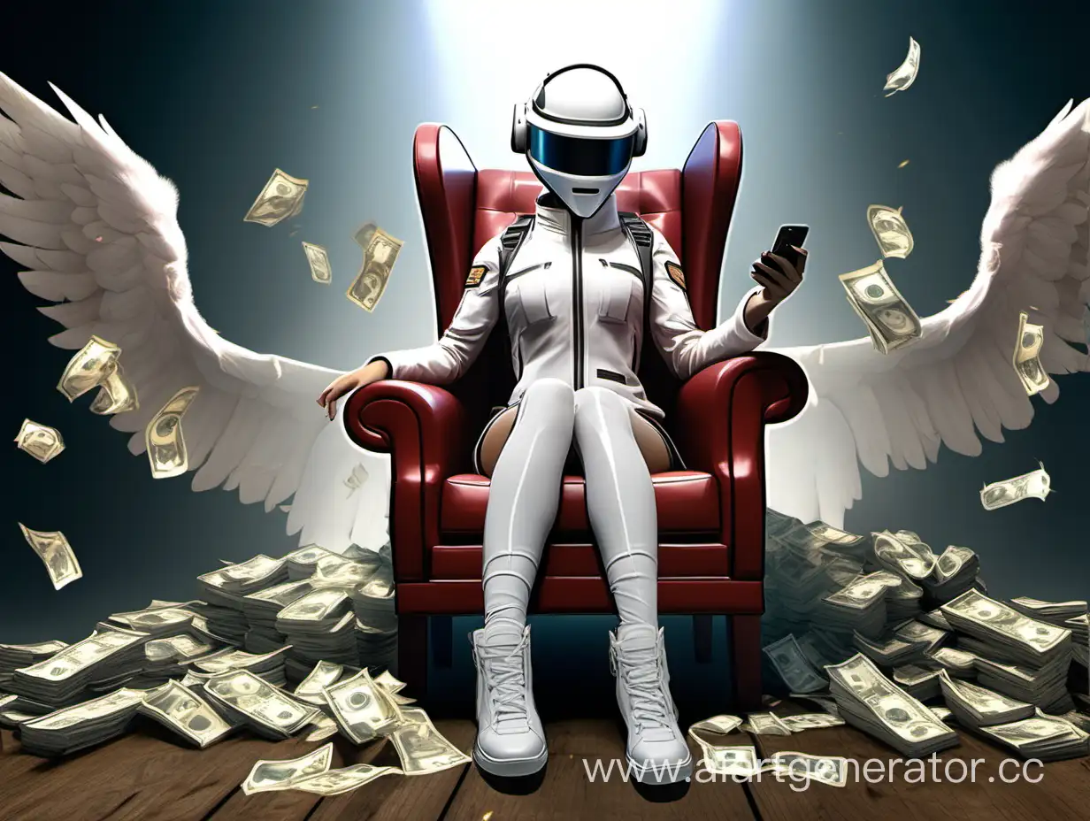 Create an image that shows a girl character from the game pubg mobile wearing level 3 body armor and a white angel helmet covering her face sitting on a chair in a queen pose with her left leg crossed over her right on the throne chair. and A girl with a joyful expression on her face throws away money in the form of the in-game currency Unknow Cash from the game pubg mobile. Make it look distant from the screen.