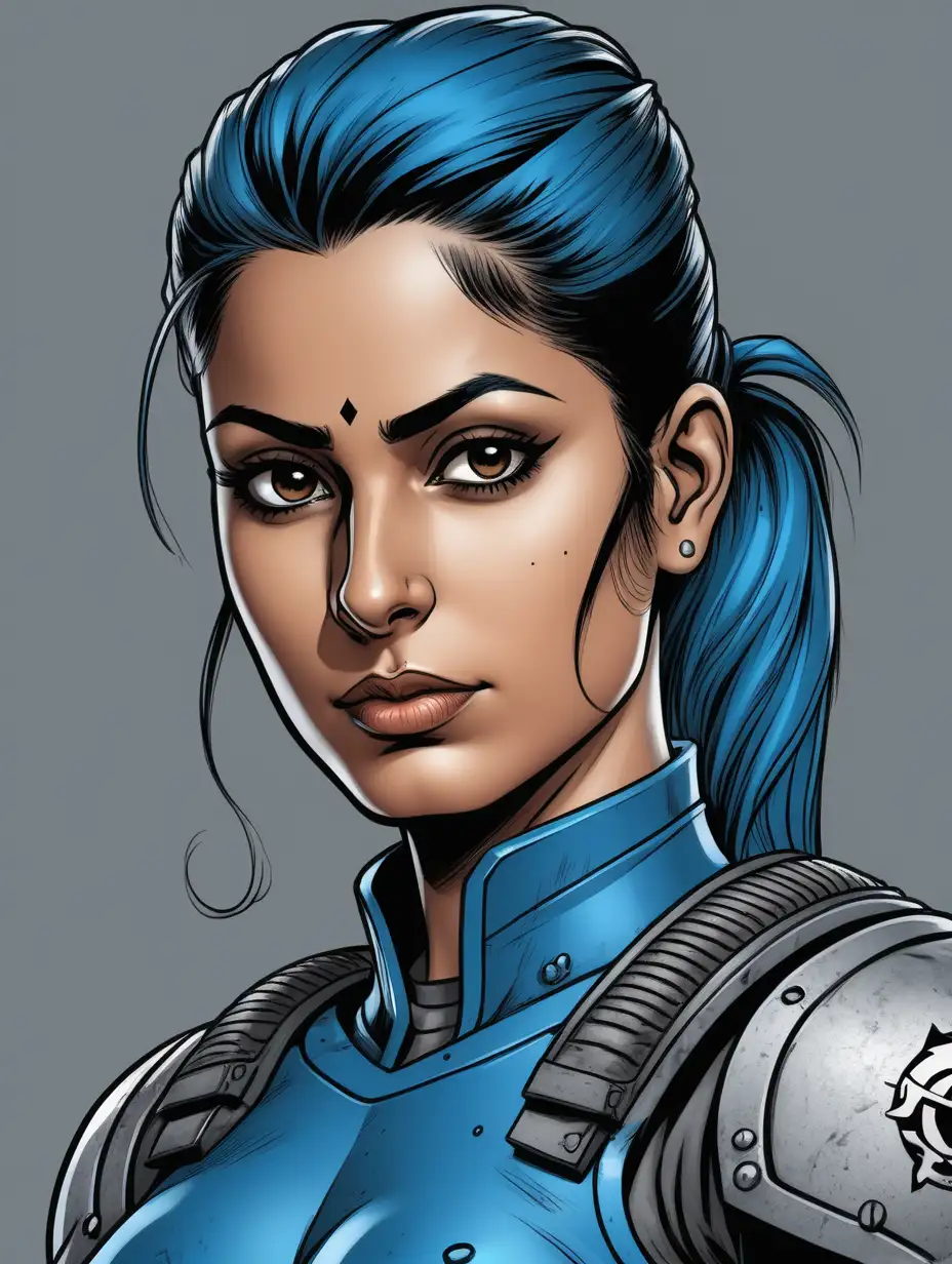 inked comic book art style, close up portrait of an attractive Punjab woman, hair in short pony tail. Looks serious, military baring. She is wearing ocean blue power armor over torso. Grey background.