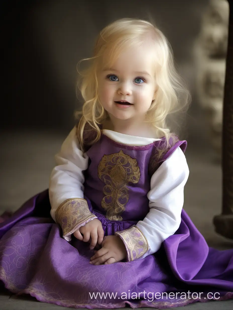 very beautiful girl, 1 year old, very blonde hair, purple eyes, medieval dress