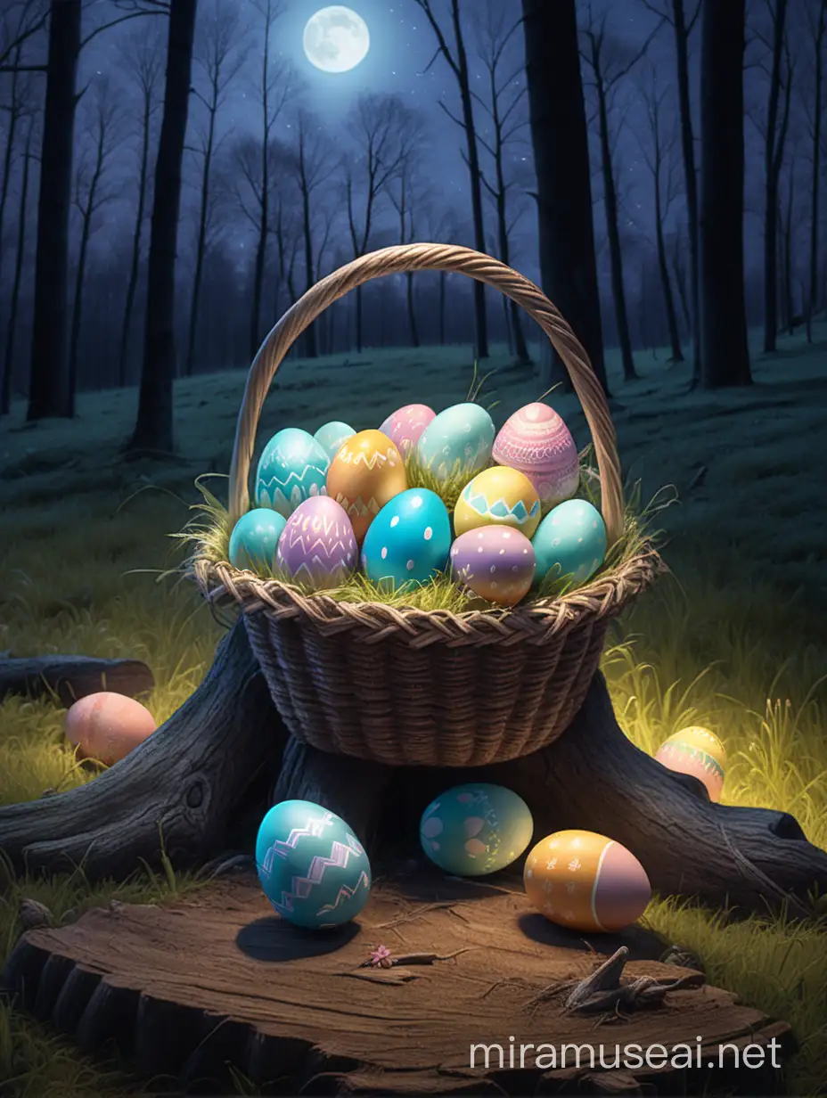 A basket full of Easter eggs on a stump in the middle of a forest in the midlle ir the night