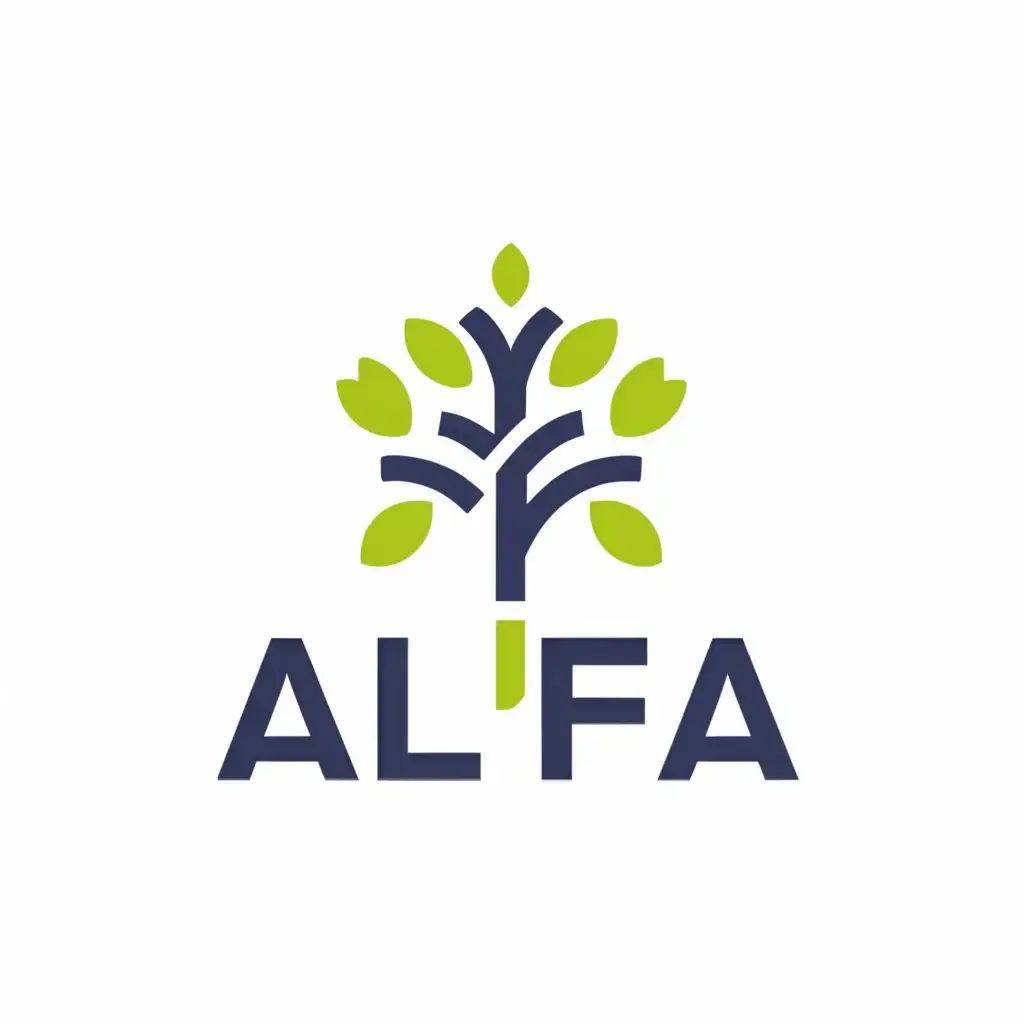 a logo design,with the text "ALFA", main symbol: green, stylized tree (clean lines and shapes) with leaves designed to incorporate the letters "AL" and "FA". The leaves on the left side should subtly form the letters "AL," while the leaves on the right side should mirror the placement of "AL" and subtly form the letters "FA." The word "Engenharia" typed in a clean, professional font below the tree.,Minimalistic,clear background