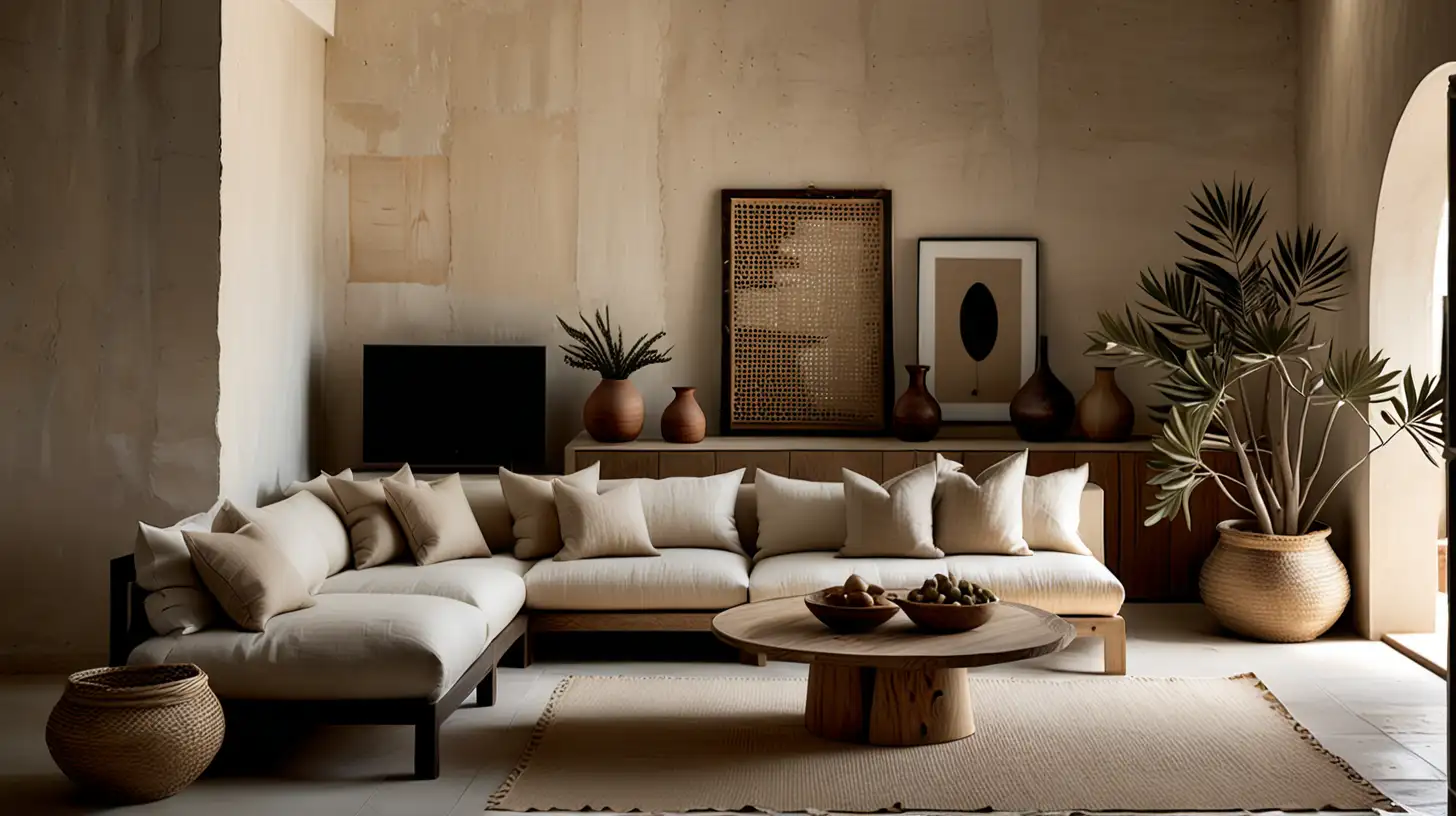 a modern minimalist mediterranean inspired interior; low saturation, low contrast; wood, beige, linen