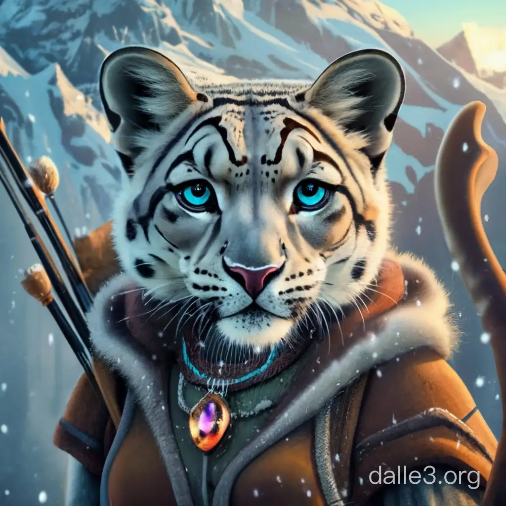 realistic photo of a teenage female snow leopard tabaxi wearing medieval rangers clothes and a longbow wearing a glowing gem on a necklace as her only jewelry and a background of a snowy mountain