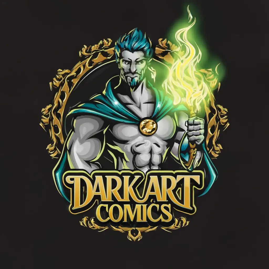 a logo design,with the text 'Dark Art Comics', main symbol:Dark Art Magician that is buff and hot and looks like Merlin for comic establishment blue and green color scheme,complex,be used in Entertainment industry,clear background
