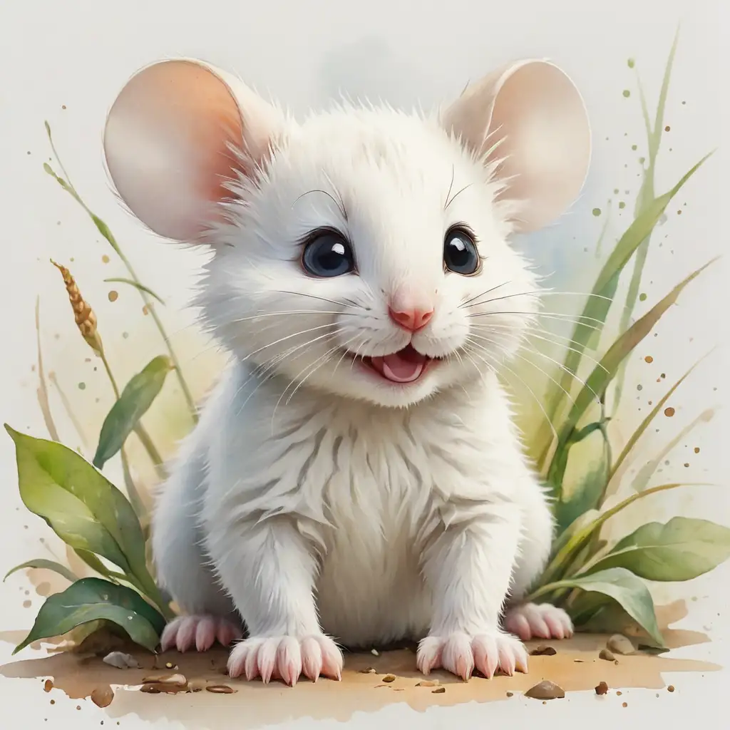Baby white mouse  cub most adorable ever, watercolour painting artwork beautiful magical enchantment welcoming friendly. On white background 

