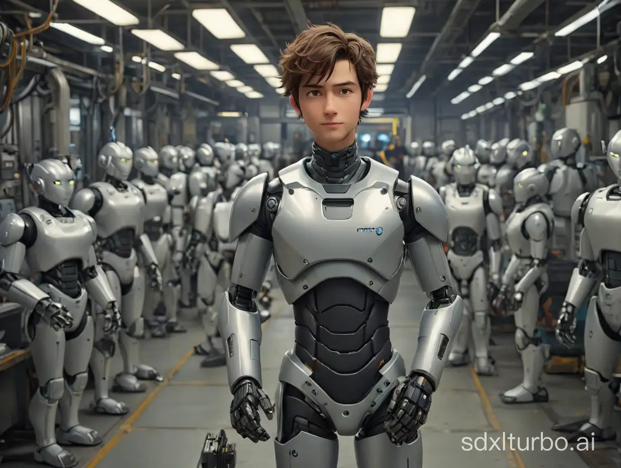 一个未来的陪伴型机器人工厂，里面都是可供售卖的机器人男友，左手臂有标价