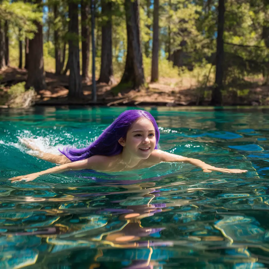 A girl with purple hair swimming in a forest lake, a girl swimming, a girl swimming