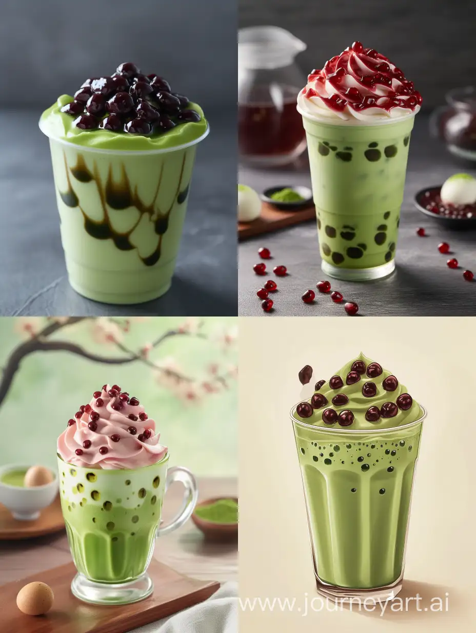 Food Photography , a cup of matcha milk tea with red bean egg cream, realistic image