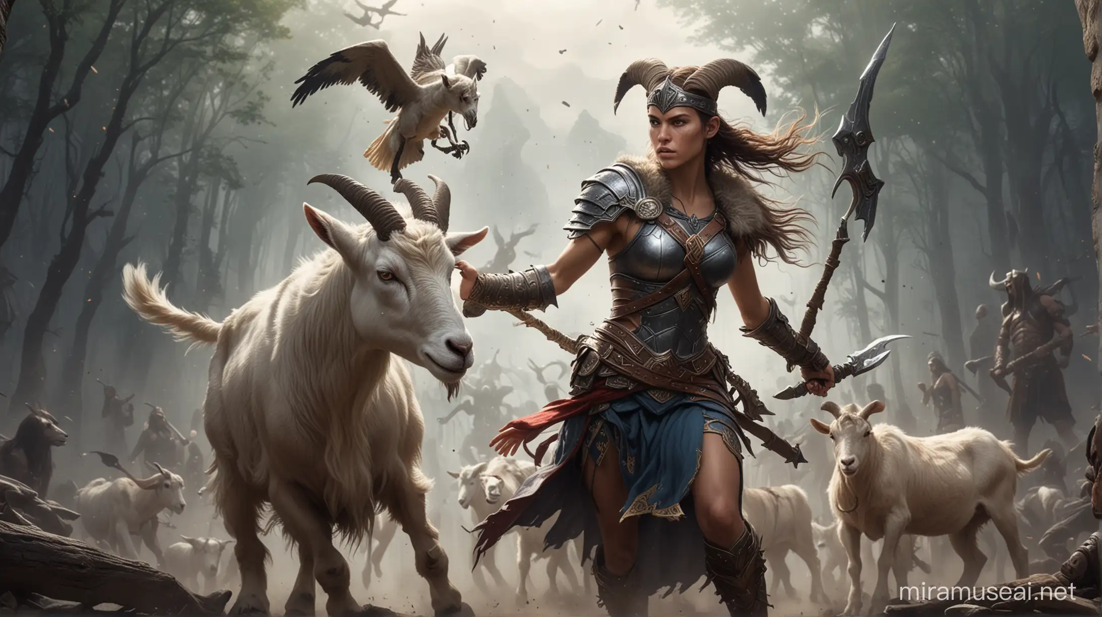 Valkyrie, Amazon girl, warrior woman fights with a goat, epic fantasy
