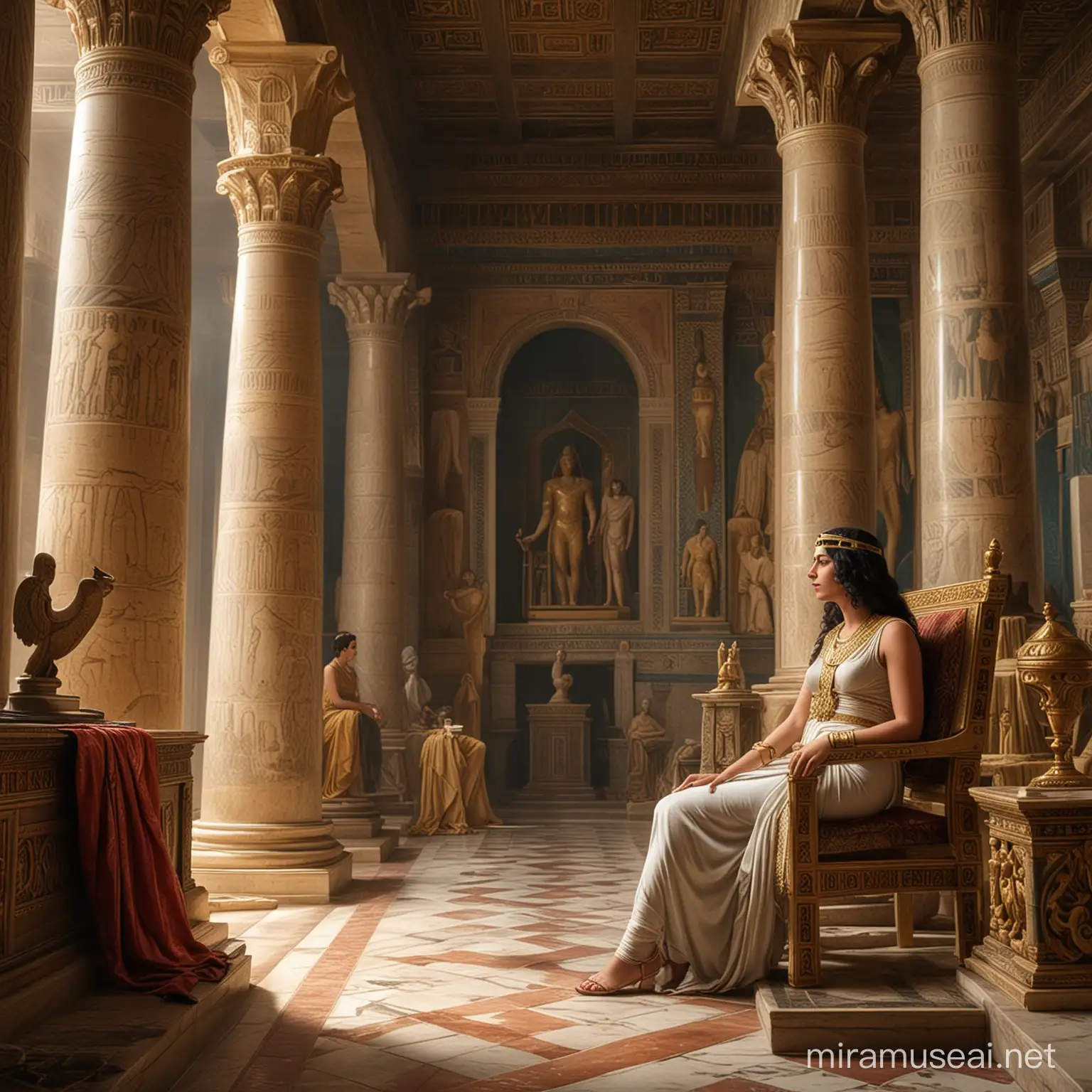 An opulent palace setting in ancient Alexandria, with Queen Cleopatra deep in thought, strategizing her next political move.
