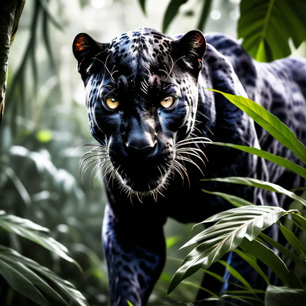 Intense Stare Fierce Black Panther Peering Through Jungle Foliage