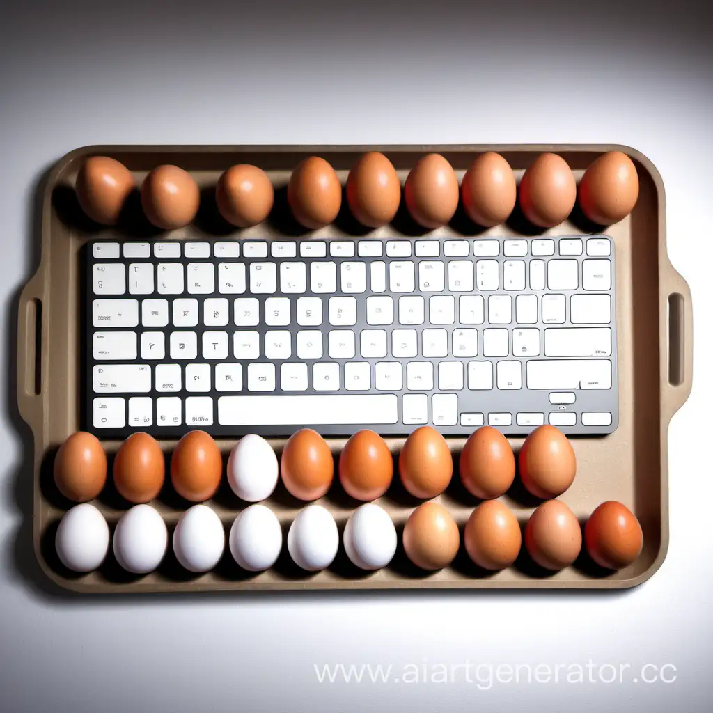 Ноутбук, клавиатура - поддон с яйцами