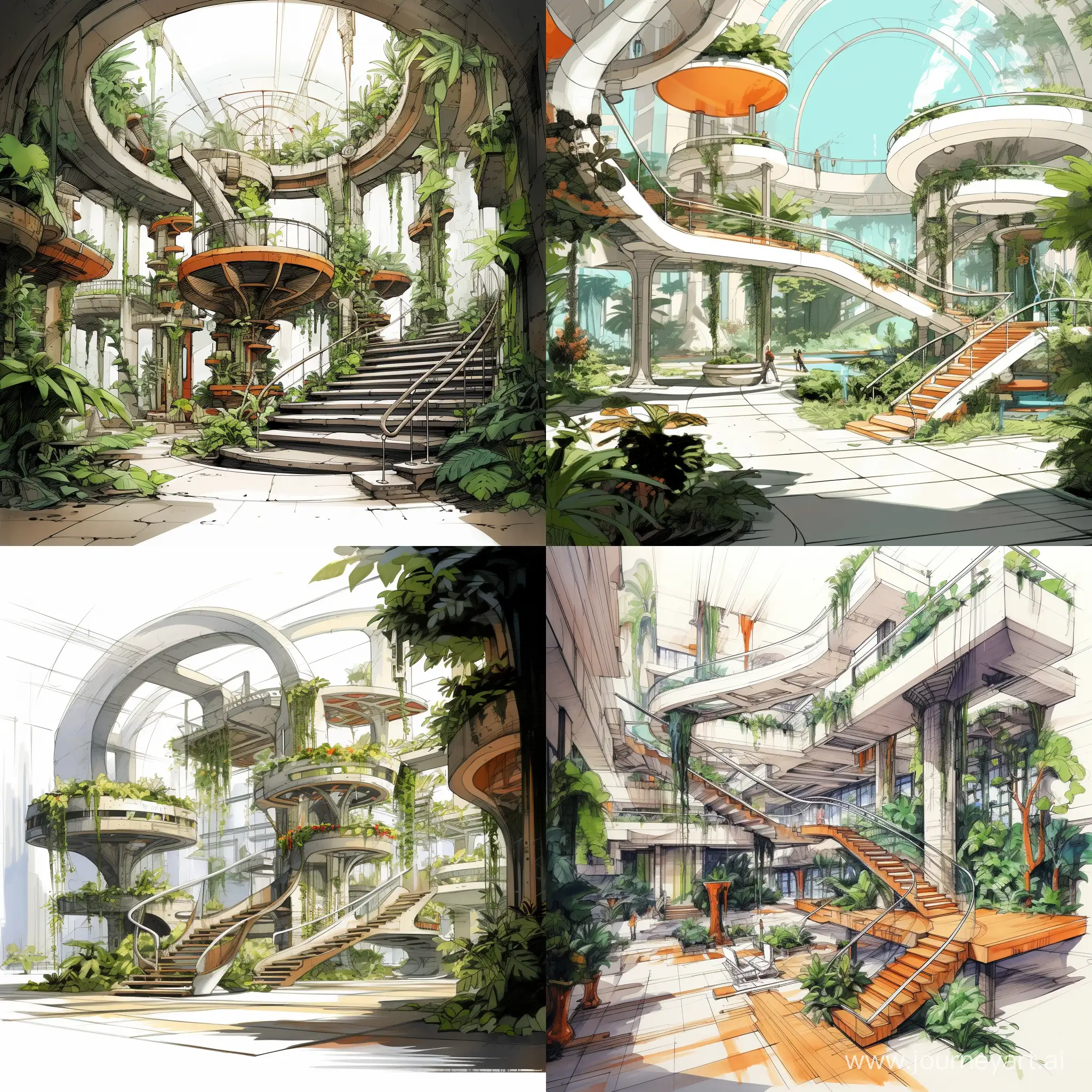 Unique rectangular atrium concept drawings with plants and platforms futuristic design 