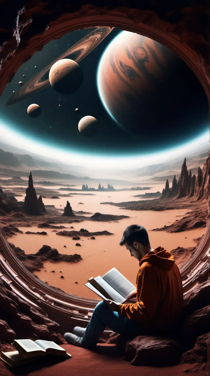A person reading at home in an unknown planet background, hyper realistic photography, ultra detailed