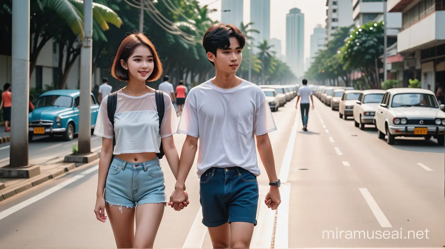 Asian Teenage Lovers Walking Hand in Hand in 1980s Jakarta Street Scene