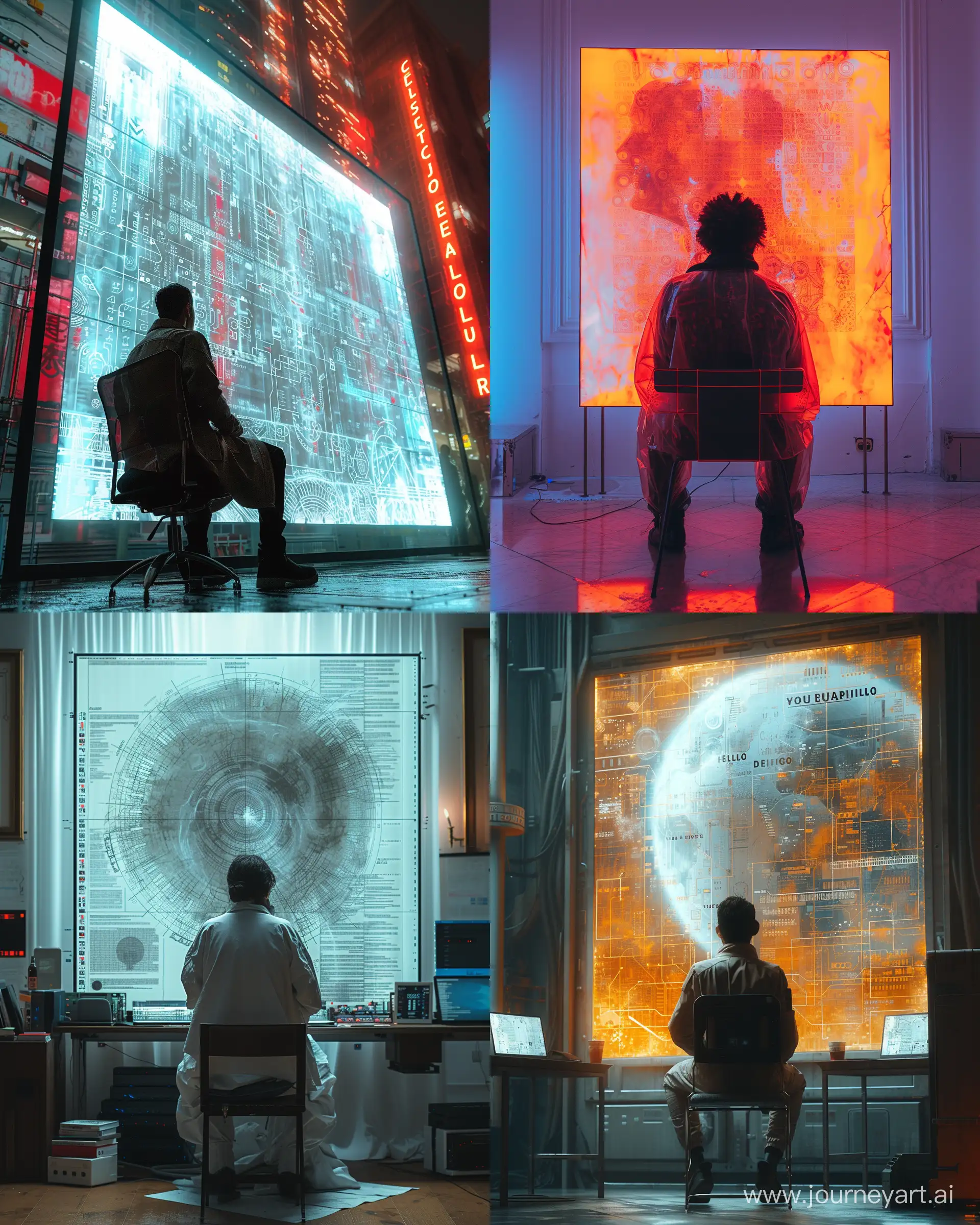 a futuristic photography of a man sits on a chair in front of a huge computer screen looking at the screen with intricate text of fontilo, photo from behind, light colors, digital cyberpunk style --ar 4:5 --s 750 --style raw --v 6