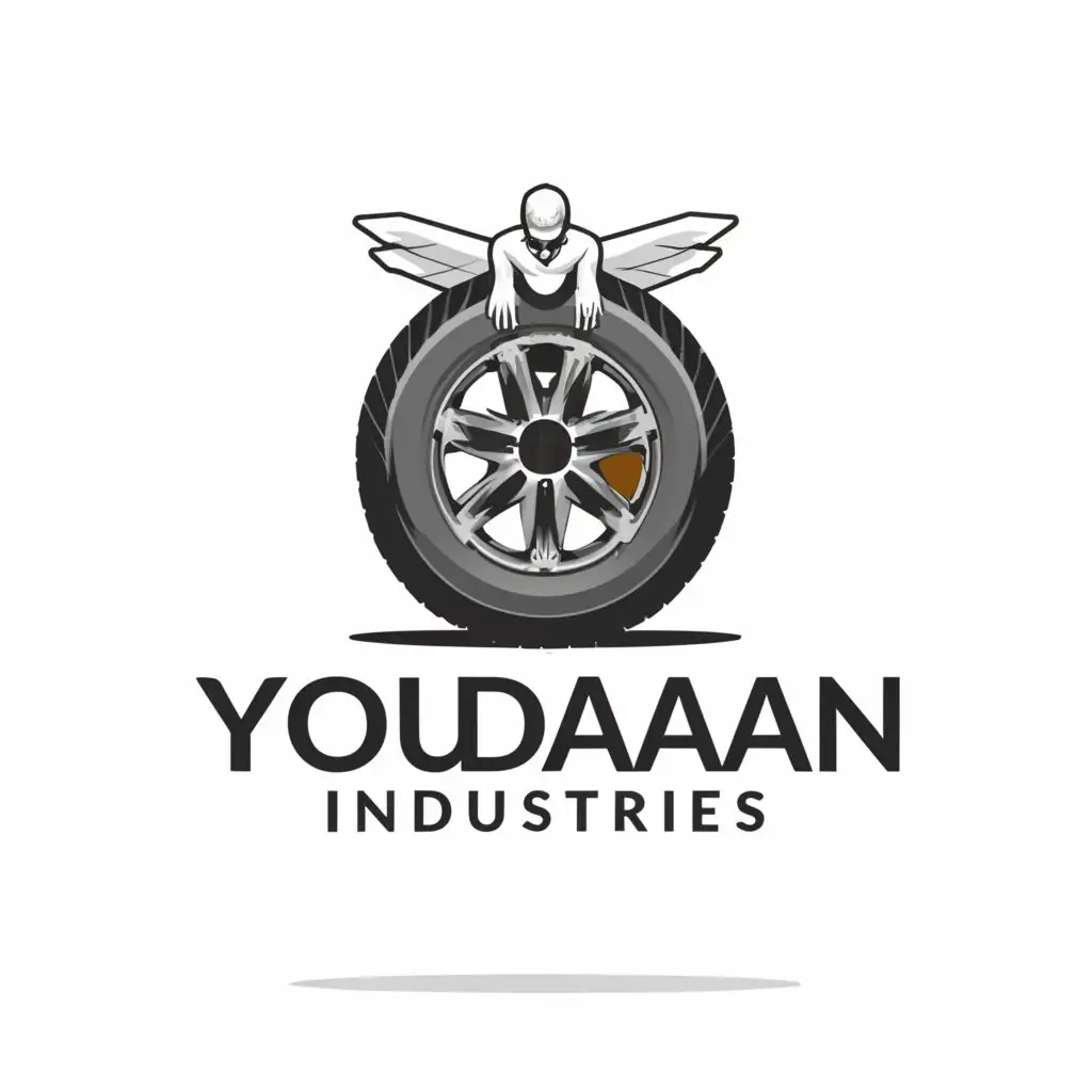 a logo design,with the text "Youdaan Industries", main symbol:a tire and one angel,Moderate,be used in Sports Fitness industry,clear background