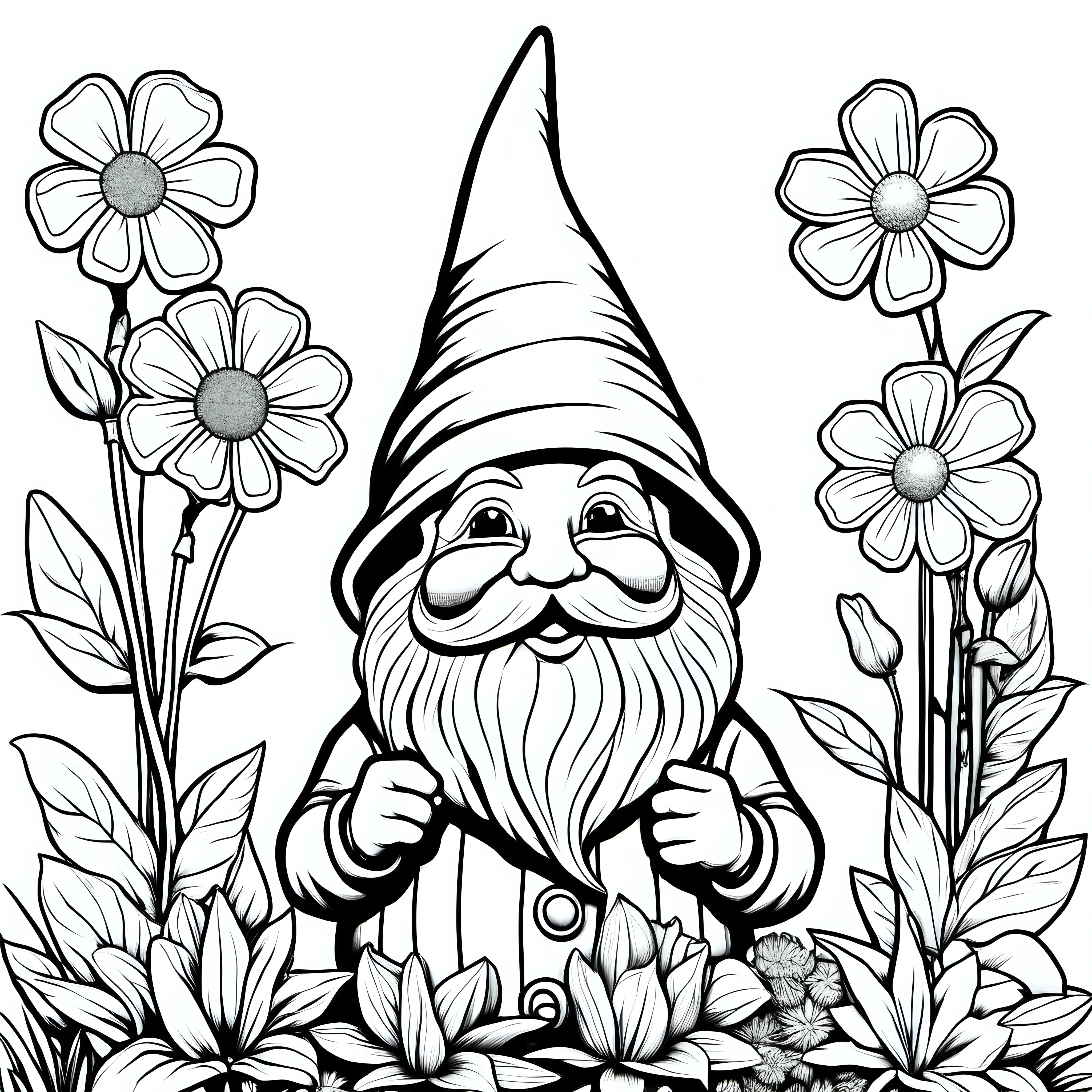 garden gnome smelling flowers, coloring page, simple, black and white, v 4