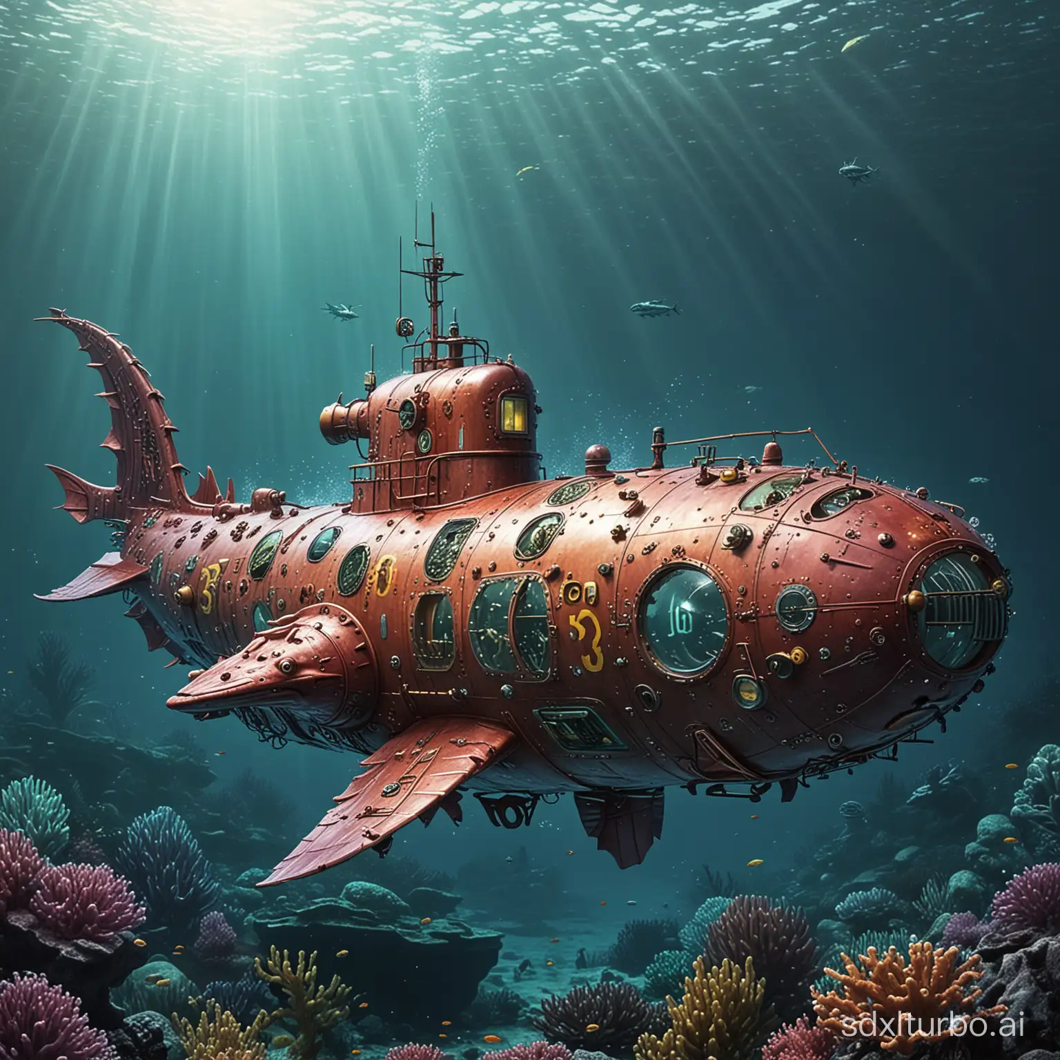 Submarine-Exploring-a-Mystical-Underwater-World-with-Dragonlike-Creatures