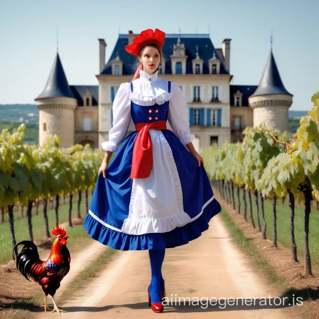 The country France in the form of a woman in blue, white, and red clothing. Against the background of a French castle, vineyard, and strolls a rooster