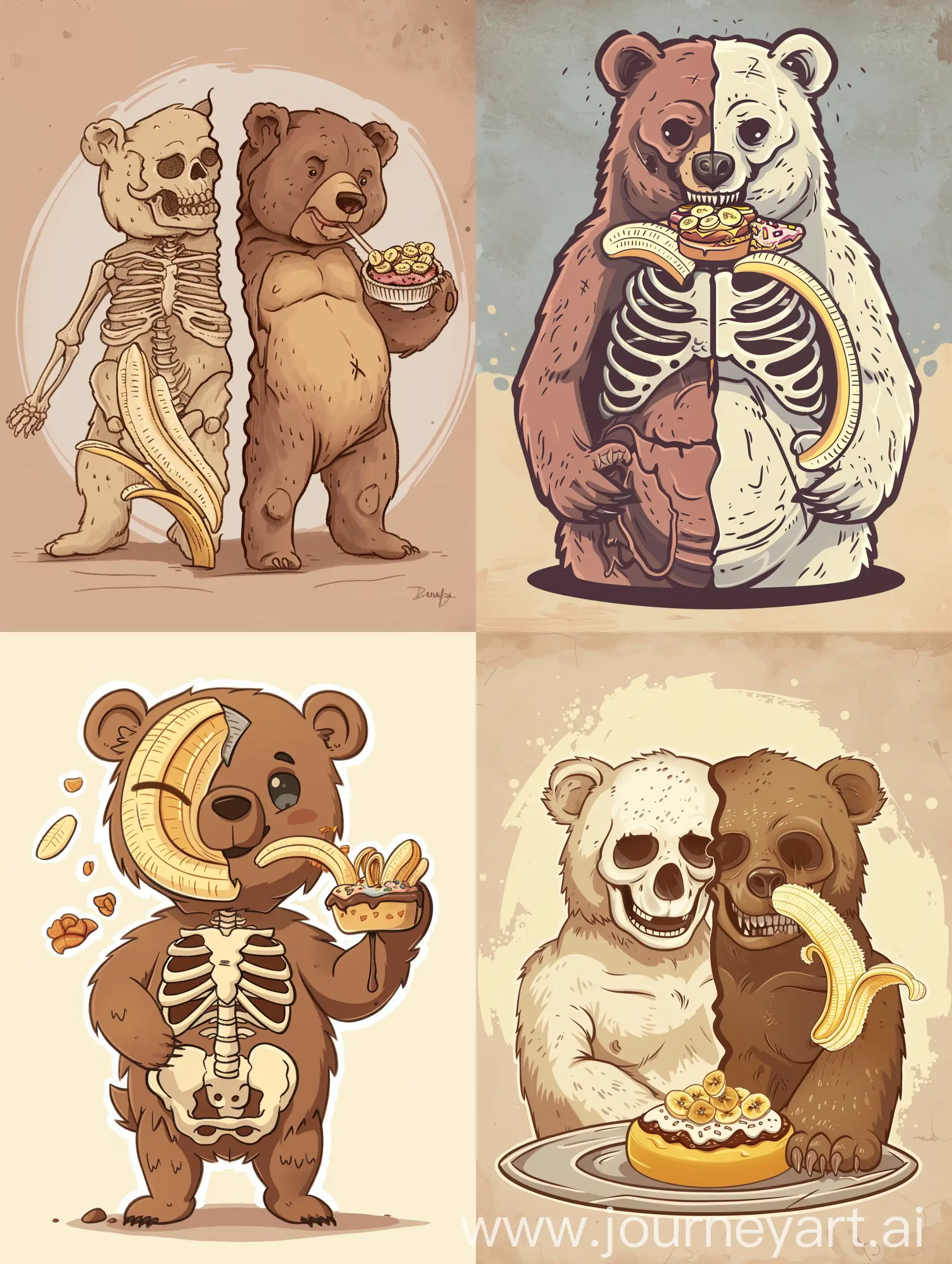 Playful-Cartoon-Bear-Enjoying-Banana-Split-with-Skeleton-Revealed