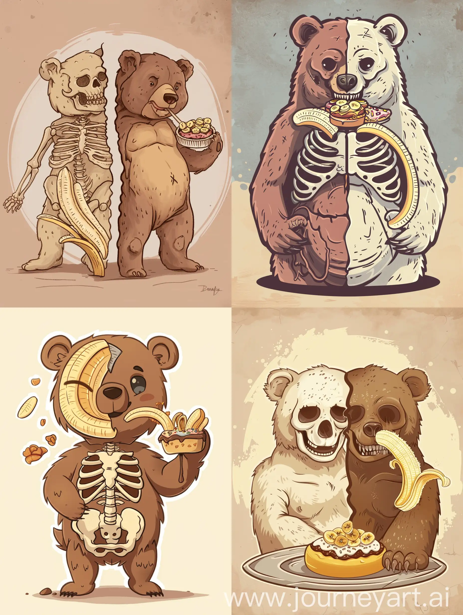 cartoon style art of a cute bear exposing half of his skeleton, eating a banana split