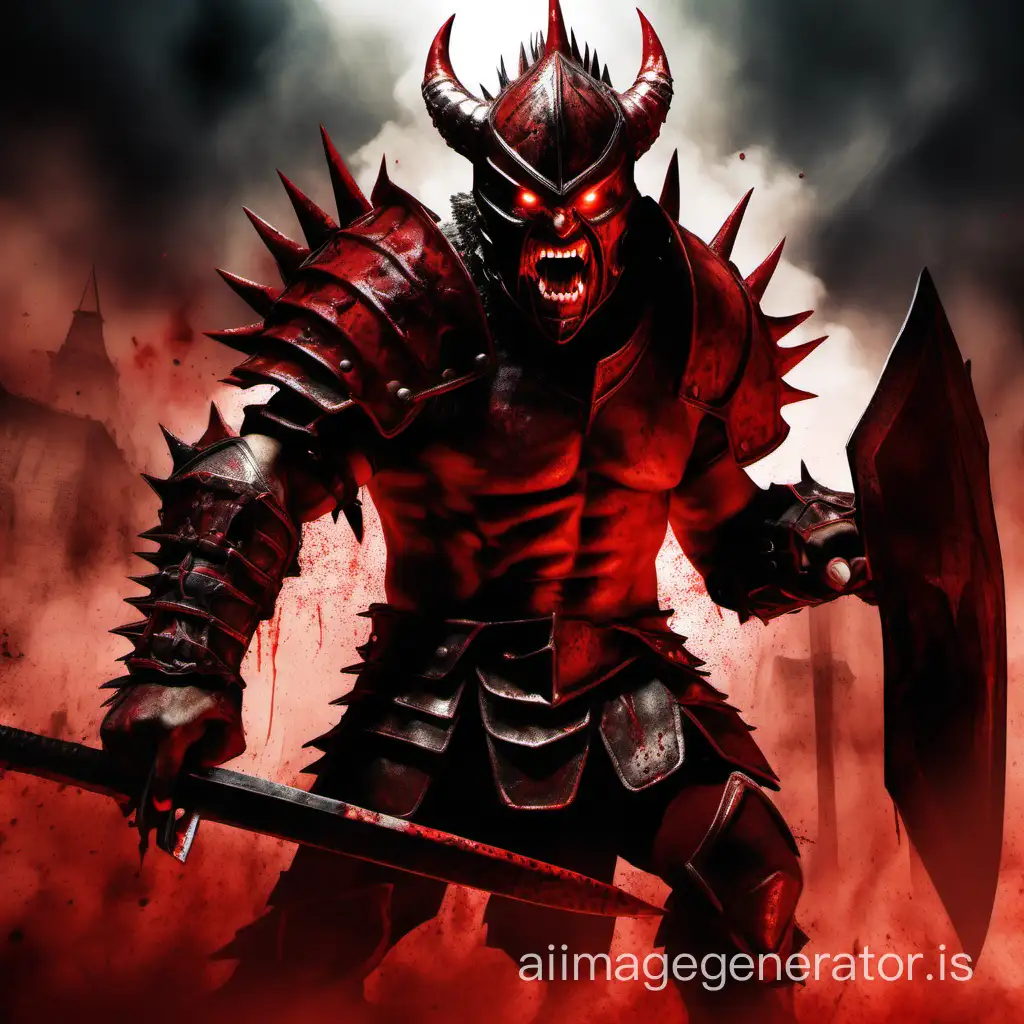 Hellish gladiator, demon-gladiator, spiky gladiator armor, burning red eyes, toothy mouth, blood on hands, blood on face, blood on armor, furious roar, blood on weapon, bloodied weapon, gladiator helmet, red skin, red demon, in battle, fighting, open mouth, angry scream