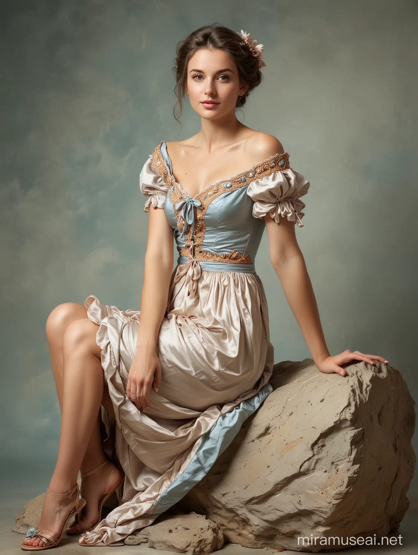 Elegant Woman Posing on a Rocky Outcrop Boucherstyle Portrait