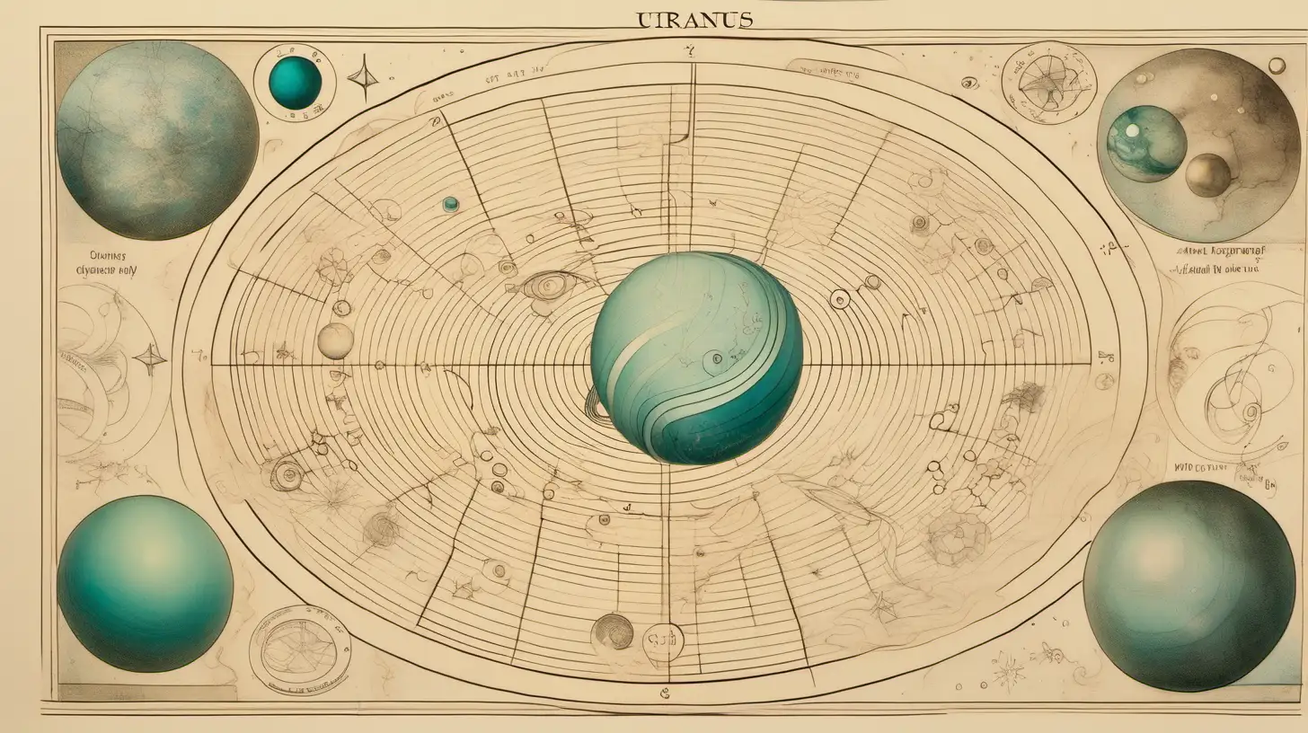 astrological chart and uranus, loose lines, on very light beige page , etching, swirling vortexes, playfully intricate, puzzle-like elements , light mint