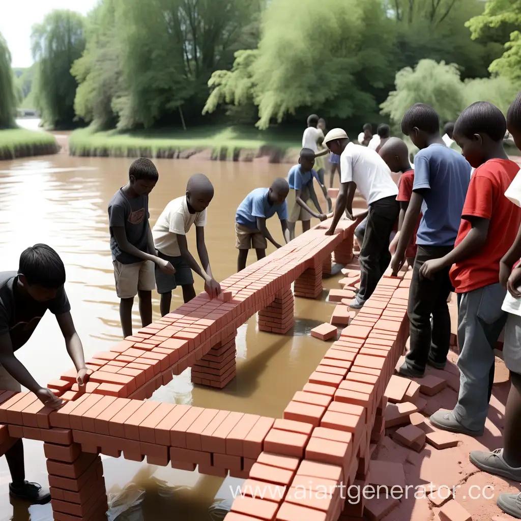 People collaborating use their bricks to build a bridge across the river.