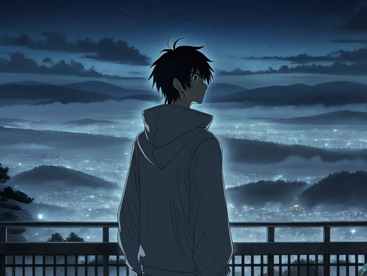 anime guy with night foggy skies  in the background








