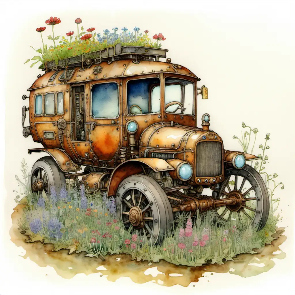 watercolor, old rustic vehicle, nestled in wildflowers, watercolor, fine lines, steampunk, Mattias Adolfsson