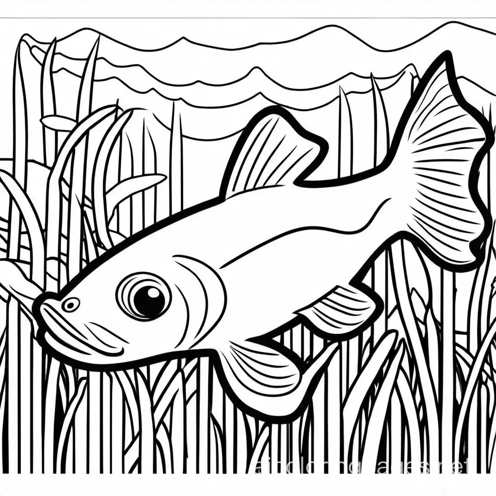 Catfish, Coloring Page, black and white, line art, white background, Simplicity, Ample White Space. The background of the coloring page is plain white to make it easy for young children to color within the lines. The outlines of all the subjects are easy to distinguish, making it simple for kids to color without too much difficulty