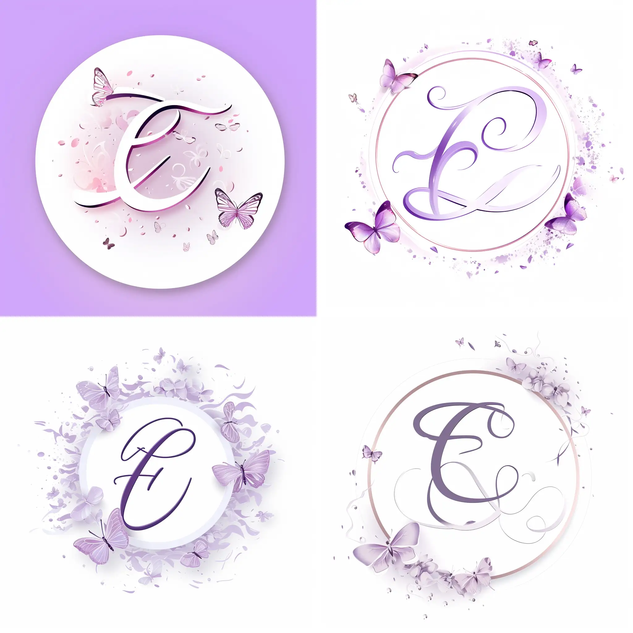 Elegant-White-Cursive-Letter-E-Logo-with-Lilac-Accents-and-Butterflies-in-Circular-Design