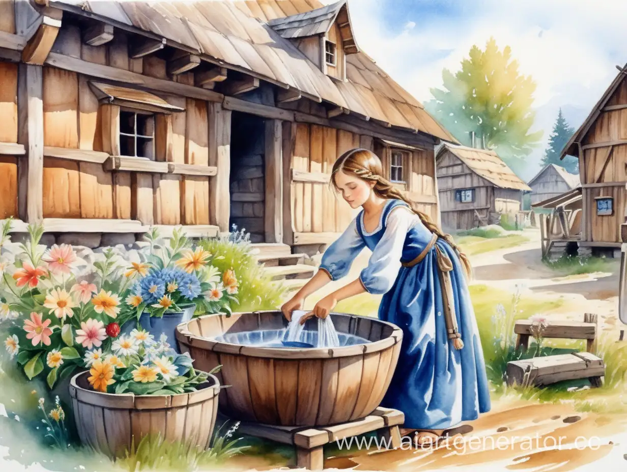 молодая девушка в красивом средневековом платье в цветочек стирает одежду в деревянном тазике рядом с деревянным домом в поселении с деревянными домами, watercolor painting