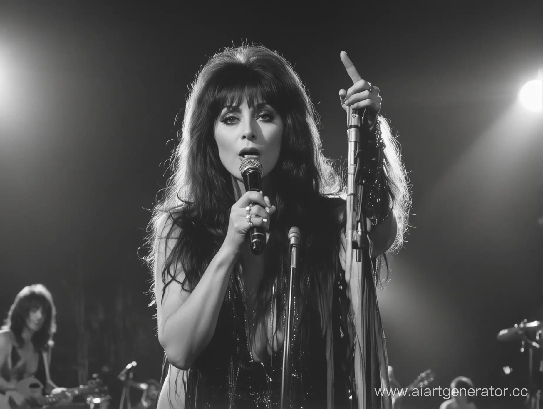 Naked singer Mariska Veres sings into a microphone at a concert. A full-length photo. Photographed from a distance of 10 meters. F/22. 8K.