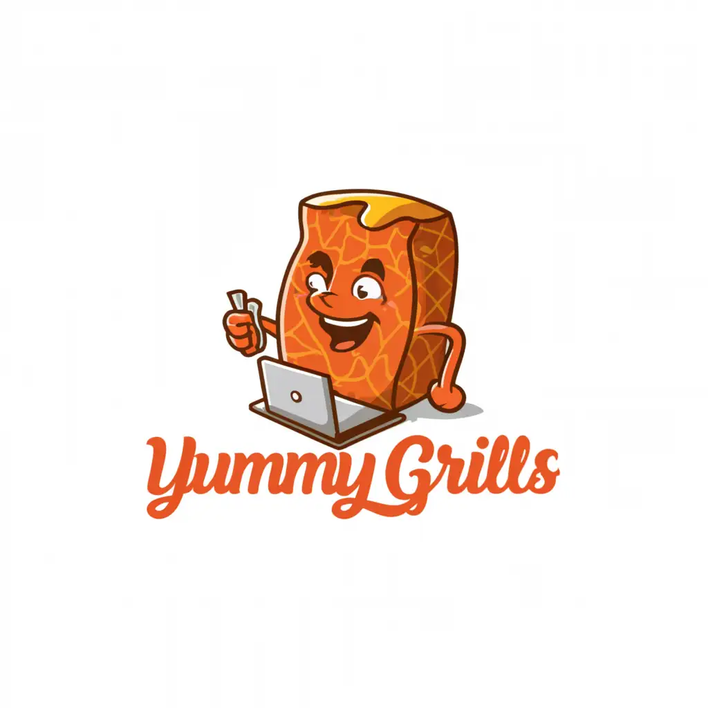 a logo design,with the text "Yummy grills", main symbol:steak with a laptop, testing application,Moderate,be used in Restaurant industry,clear background