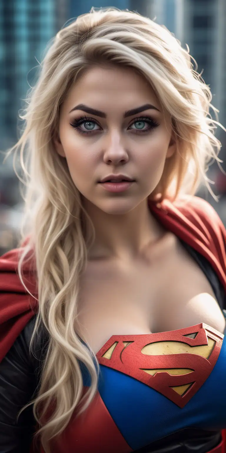 Beautiful Nordic woman, very attractive face, detailed eyes, big breasts, dark eye shadow, messy blonde hair, daughter from krypton cosplay costume, extremely close up, bokeh background, soft light on face, rim lighting, facing away from camera, looking back over her shoulder, standing in front of the city, photorealistic, very high detail, extra wide photo, full body photo, aerial photo
