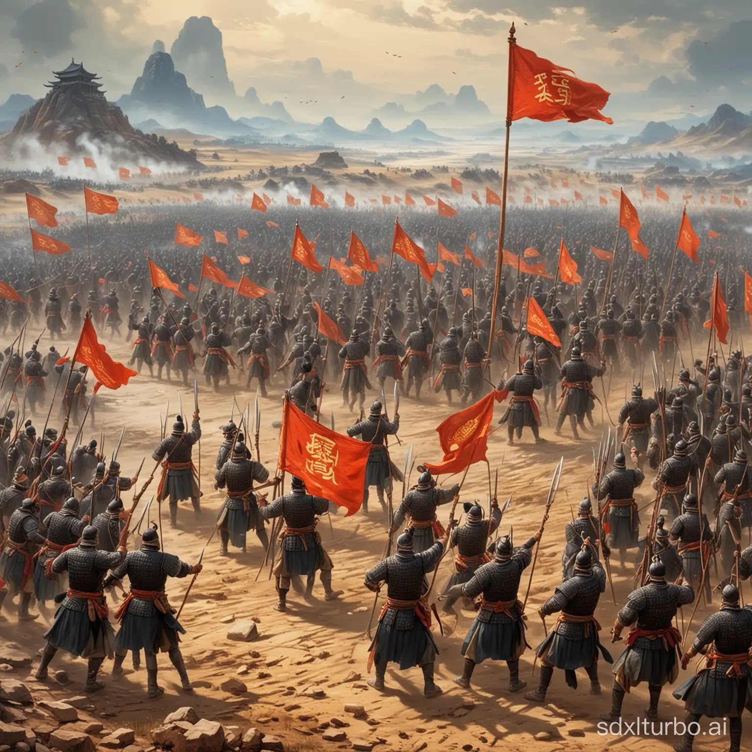 Ancient battlefield, Qin's infantry army, hoisting the flag of Qin