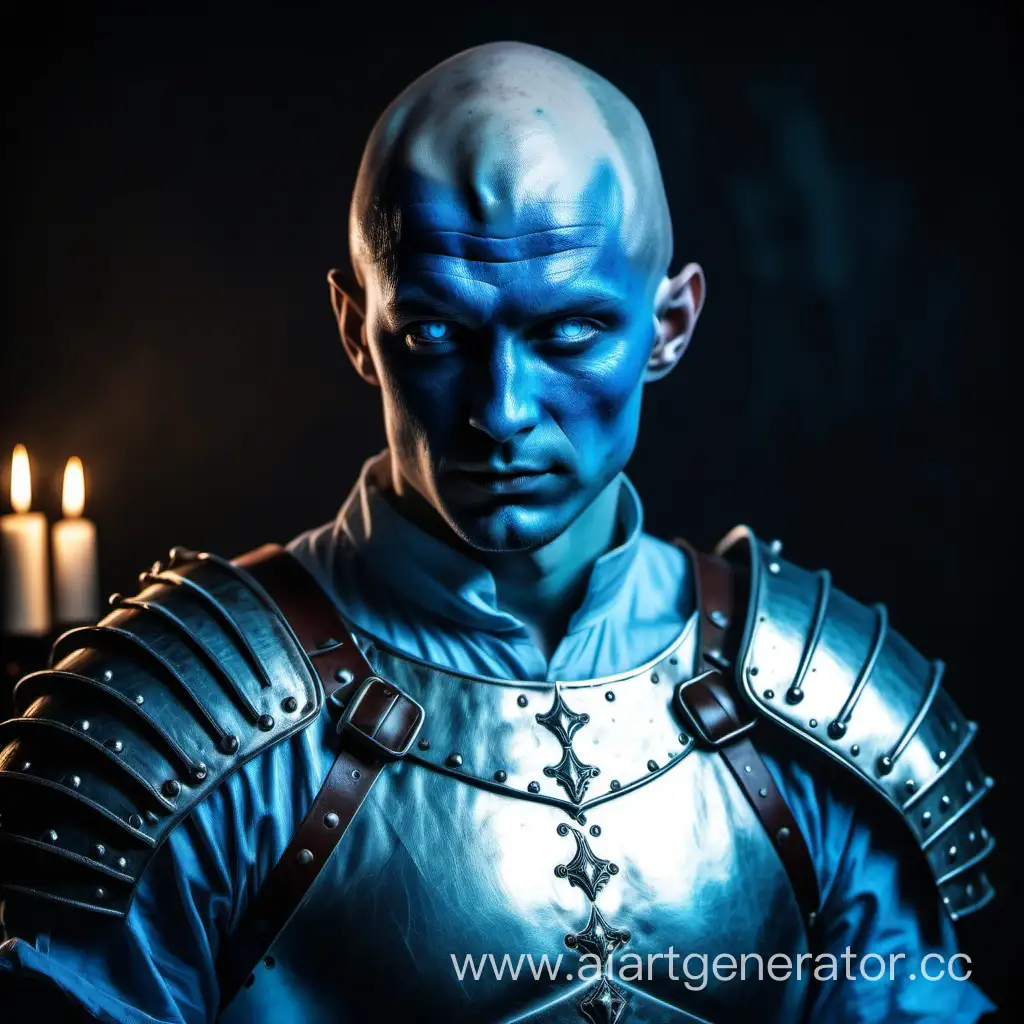 Medieval vedalken Man with light blue skin and blue Top and blue eyes without hair on his head blue lighting in white shirt and Leather Armor