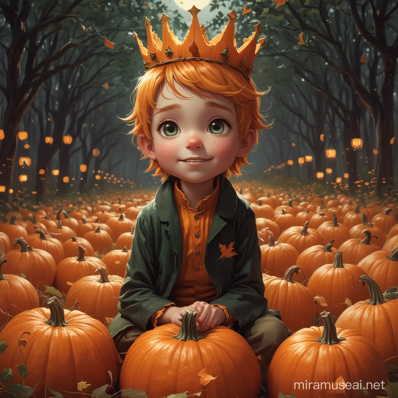 Adorable Pumpkin Prince Playing in Autumn Forest