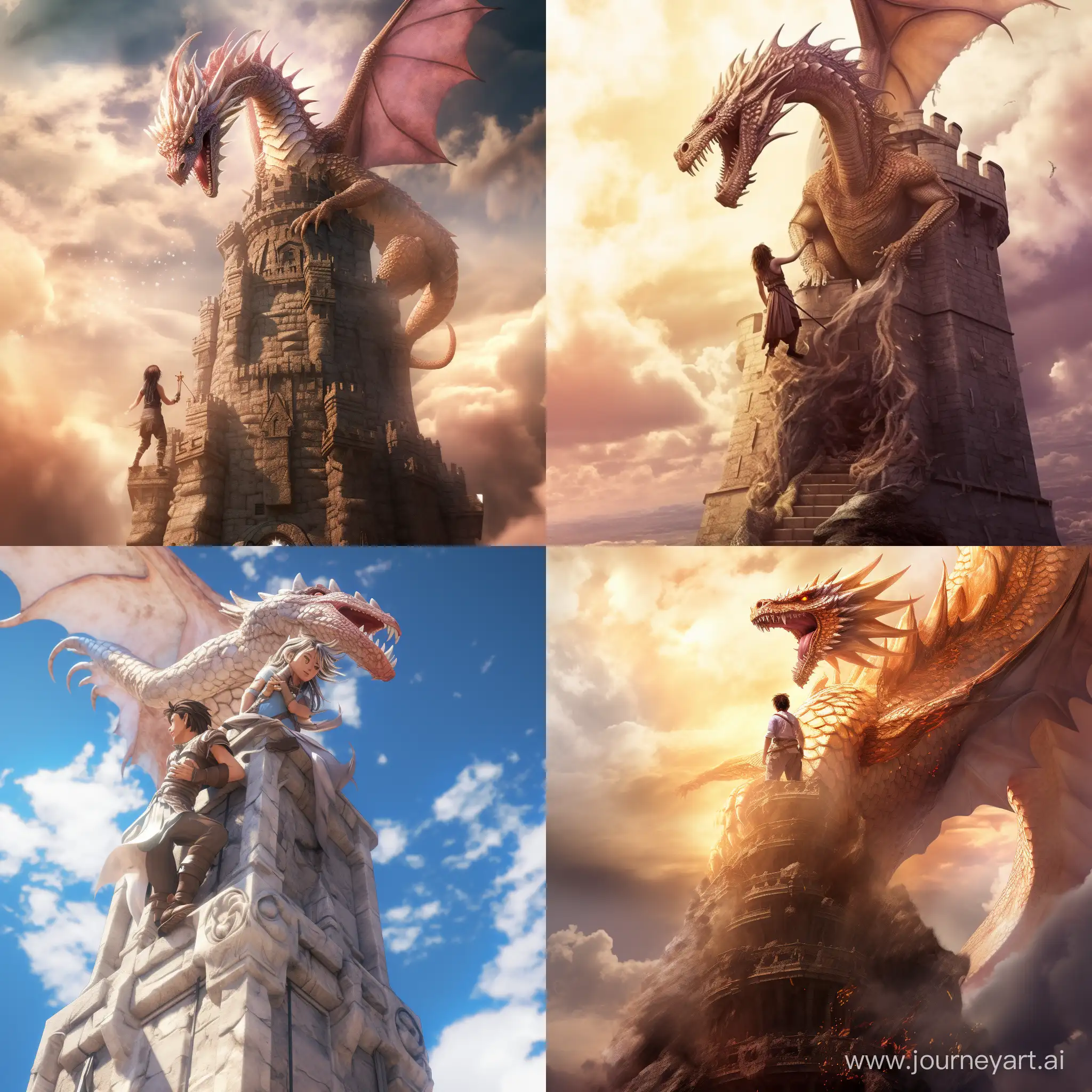 a photo of a man climbing a tower to save a quenn. The quenn is on the top of the tower. a dragon tries to take down the brave man who climbs the tower to save the princess