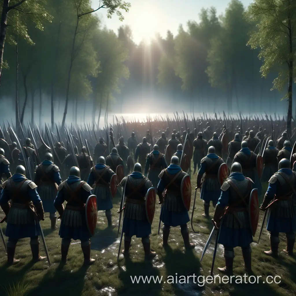Russian Russian wars, after winning a battle, stand on a large field in the middle of a dense forest, the sun shines on them, a blue river flows near them, bloody swords in the hands of Russian warriors, 8k, HD, hyper realism.
