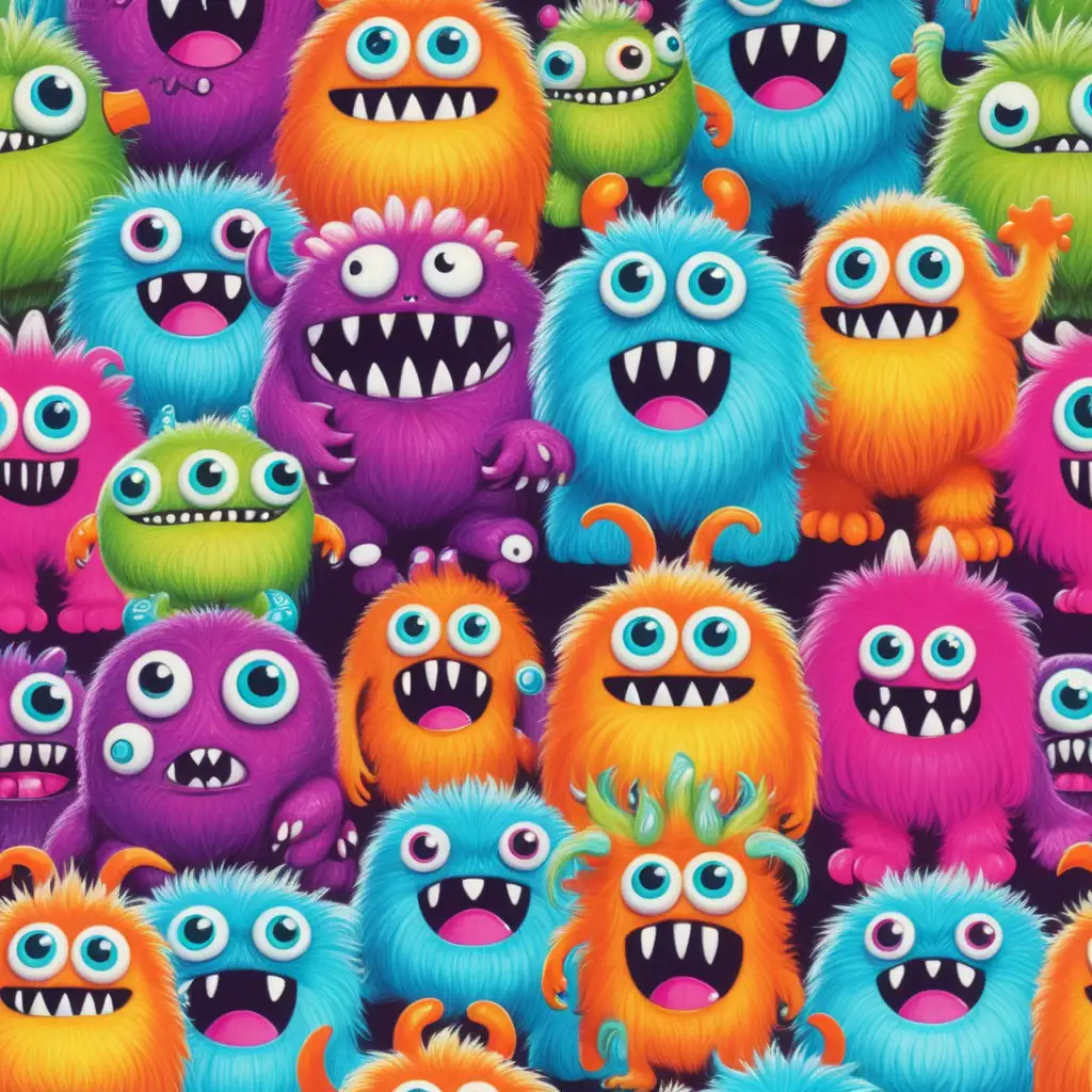 retro, bright, fuzzy monsters with big eyes 
