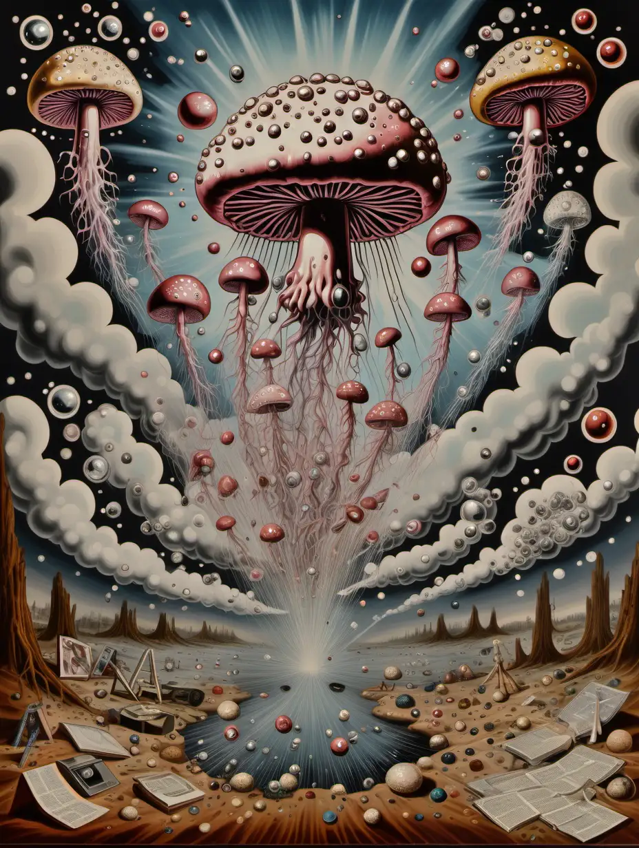 complicated hand painted protest poster with the large words "ENTROPIC OF CANCER" on top of the image, 1860 look, still life painting with mirrored objects and soft machine learning and several multiple complicated atomic mushroom disease clouds, lightening, bucky balls, dull muted colours, no frame, dripping wet with sparkly water jets, floating spores