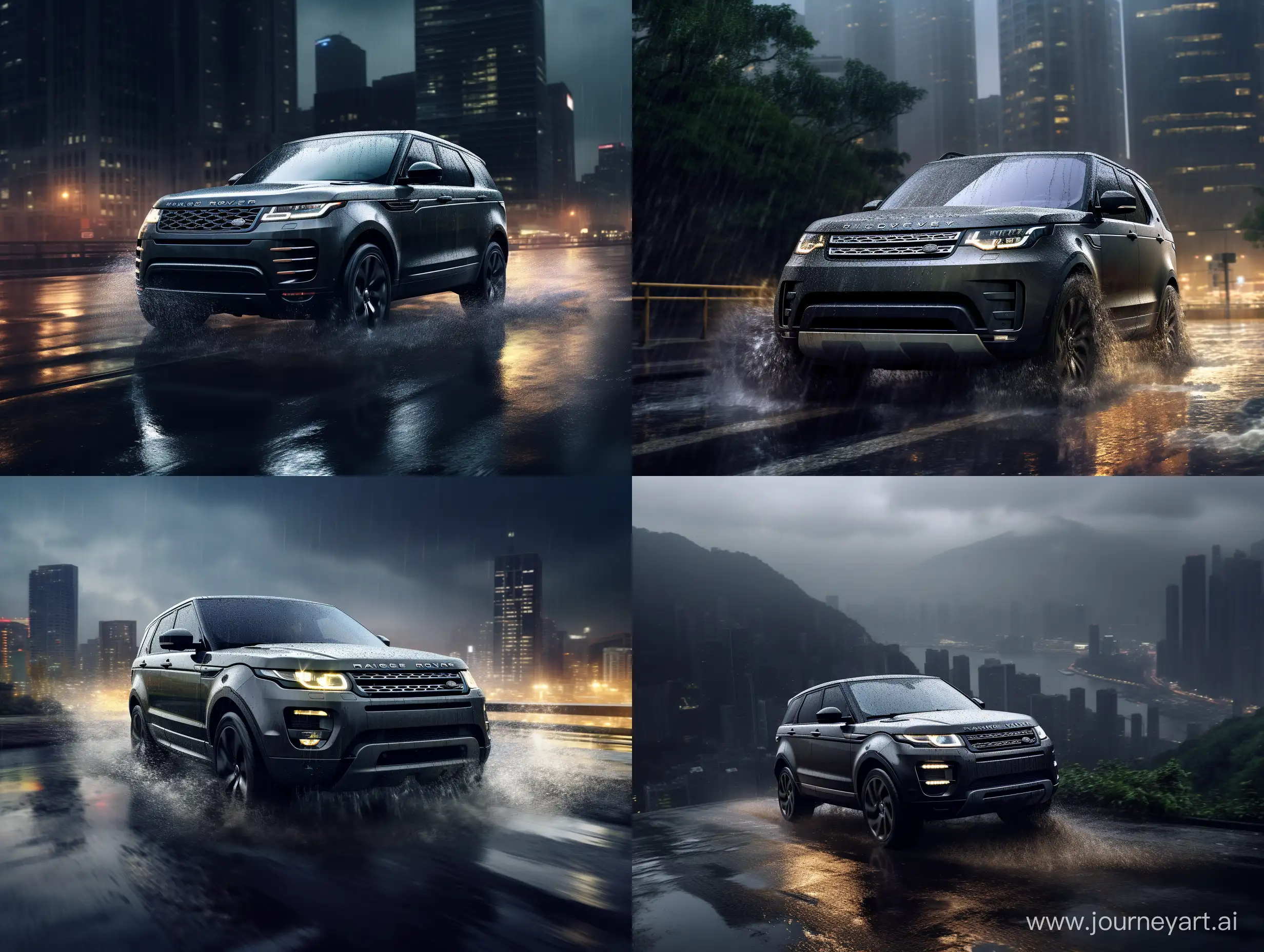 Luxurious-Range-Rover-Cruising-Through-a-Modern-Rainy-City