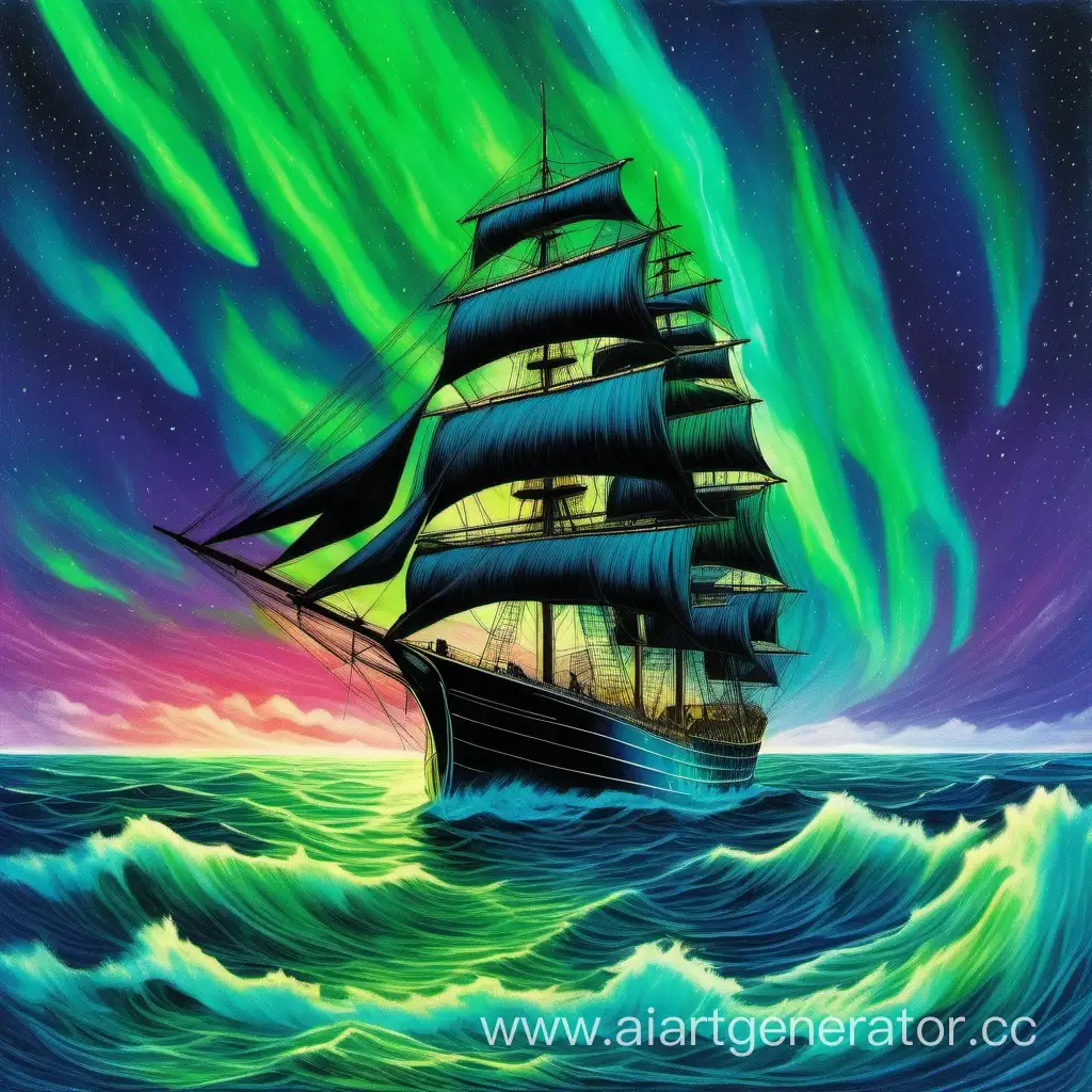 Парусное судно плывет по океану, океан окрашен в цвета северного сияния, на корабле стоит юноша и смотрит вдаль