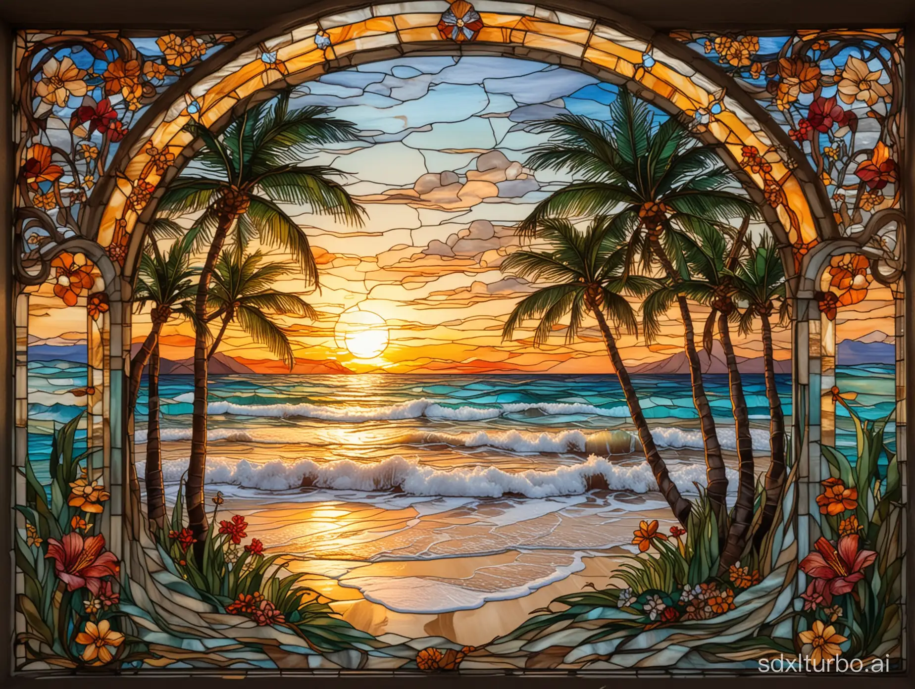 Art-Nouveau-Stained-Glass-Window-Sunset-Beach-Scene-with-Tropical-Flora